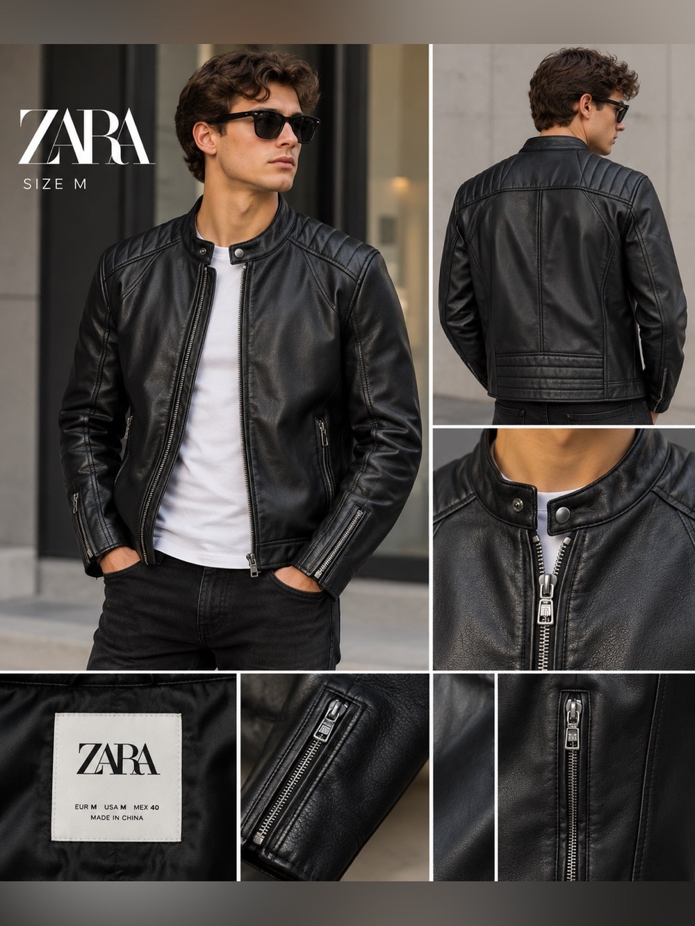ZARA Men’s Black Faux Leather Biker Jacket Sz M